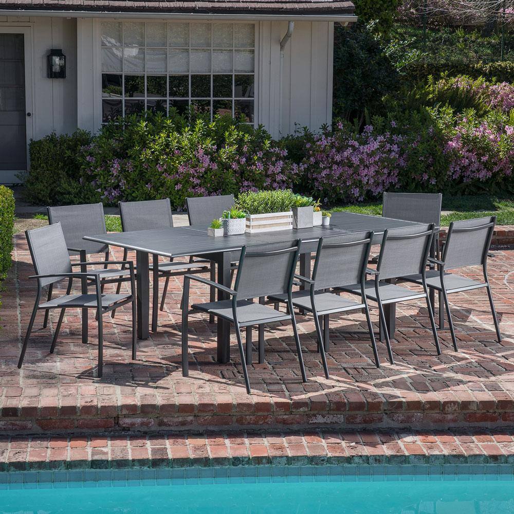 Hanover Cameron 11-Piece Aluminum Outdoor Dining Set with 10 Sling Dining Chairs and an Expandable Table
