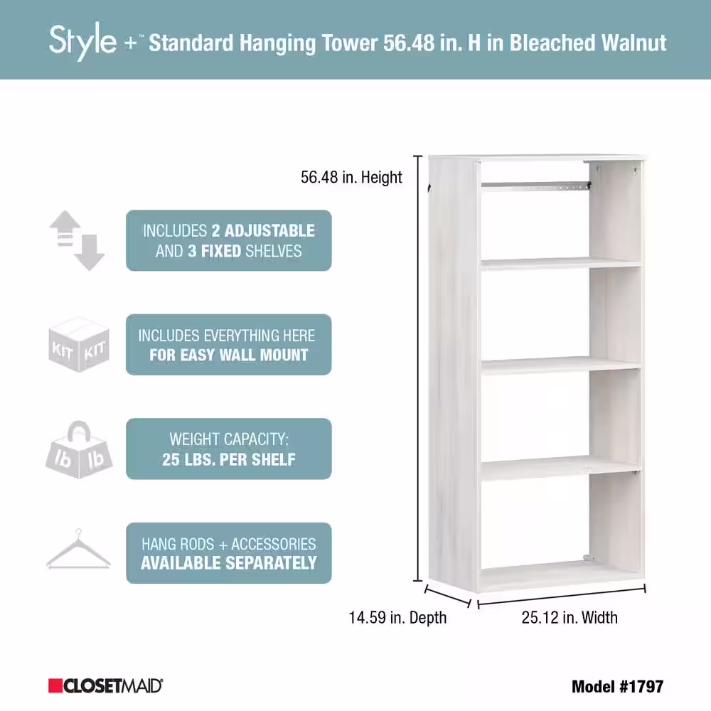ClosetMaid Style+ 25 in. W Bleached Walnut Hanging Wood Closet Tower