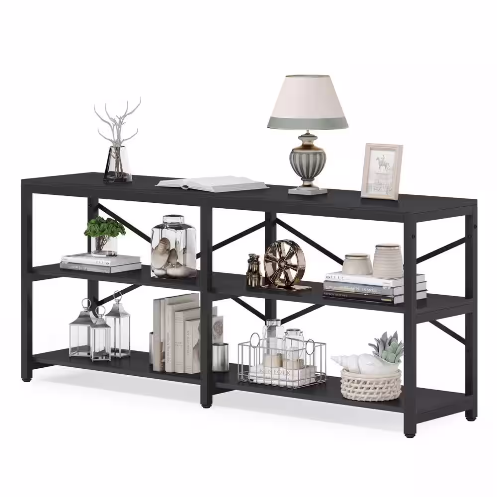 None Turrella 70.9 in. Black Extra Long Rectangle Wood Console Table, Sofa Table Behind Couch Table with Storage Shelves