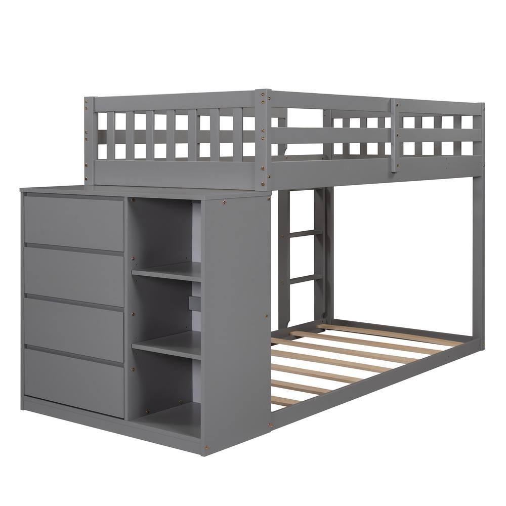 Qualler Gray Twin over Twin Bunk Bed with 4 Drawers and 3 Shelves
