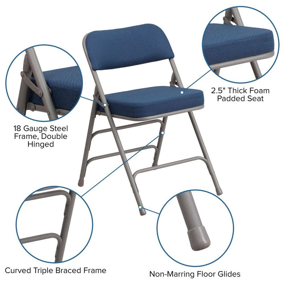 Flash Furniture Hercules Series Premium Curved Triple Braced & Double Hinged Navy Fabric Upholstered Metal Folding Chair