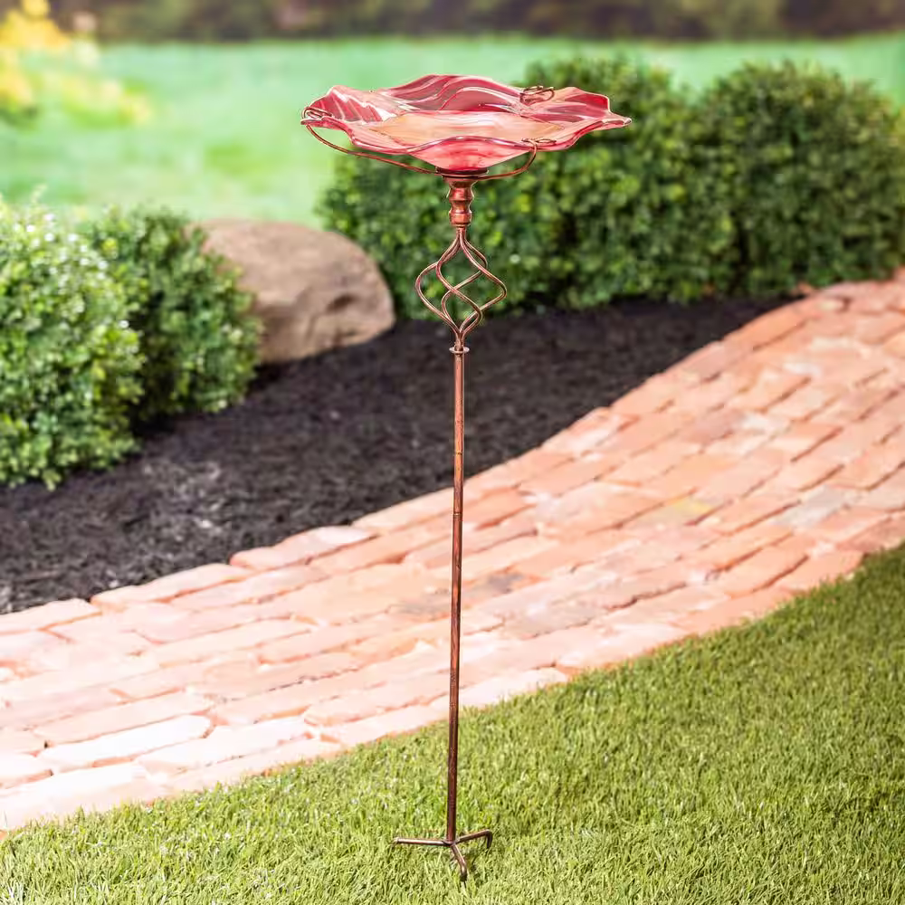 Evergreen Red Swirl Glass Birdbath with Garden Stake