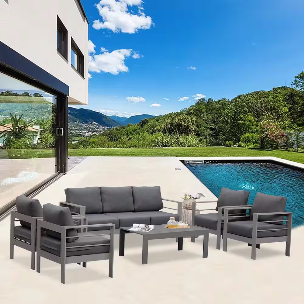 SUNVIVI Grey 6-Piece Aluminum Patio Conversation Set with Dark Grey Cushions