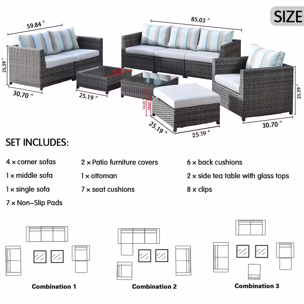 HOOOWOOO Lake Caddo Gray 9-Piece No Assembly Wicker Patio Conversation Sofa Set with Two Coffee Tables and Sunbrella Cushions