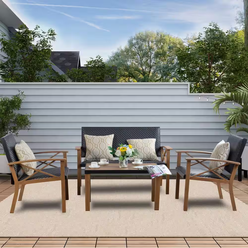 KOZYARD 4-Piece Wicker Aluminum Frame Outdoor Furniture Patio Conversation Set with Table for Backyard, Garden, Porch