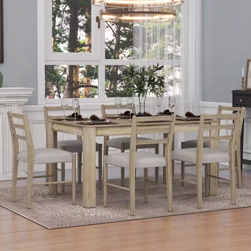 Harper & Bright Designs Mutifunctional 7-Piece Natural Wooden Dining Table Set with Extendable Table, 2 Drawers and 6 Upholstered Chairs