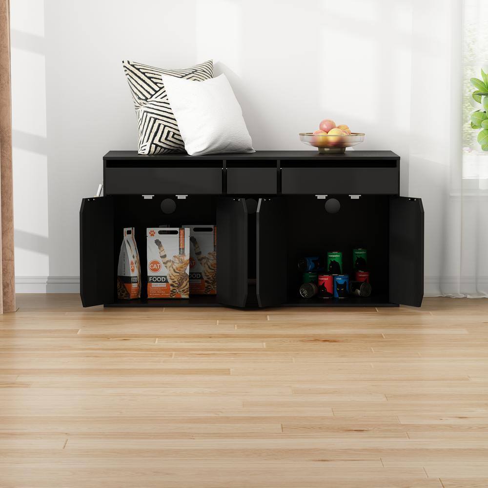 None Black Double Hidden Litter Box Furniture with 4 Doors and Litter Filter, Cat Washroom with Storage Space for 2 Cats