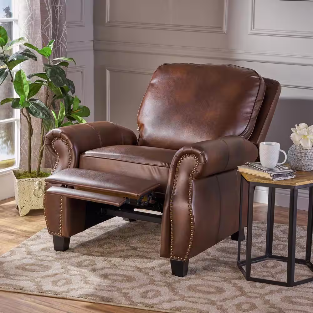 Noble House Neville 37 in. Width Big and Tall Brown Faux Leather Nailhead Trim Club Recliner
