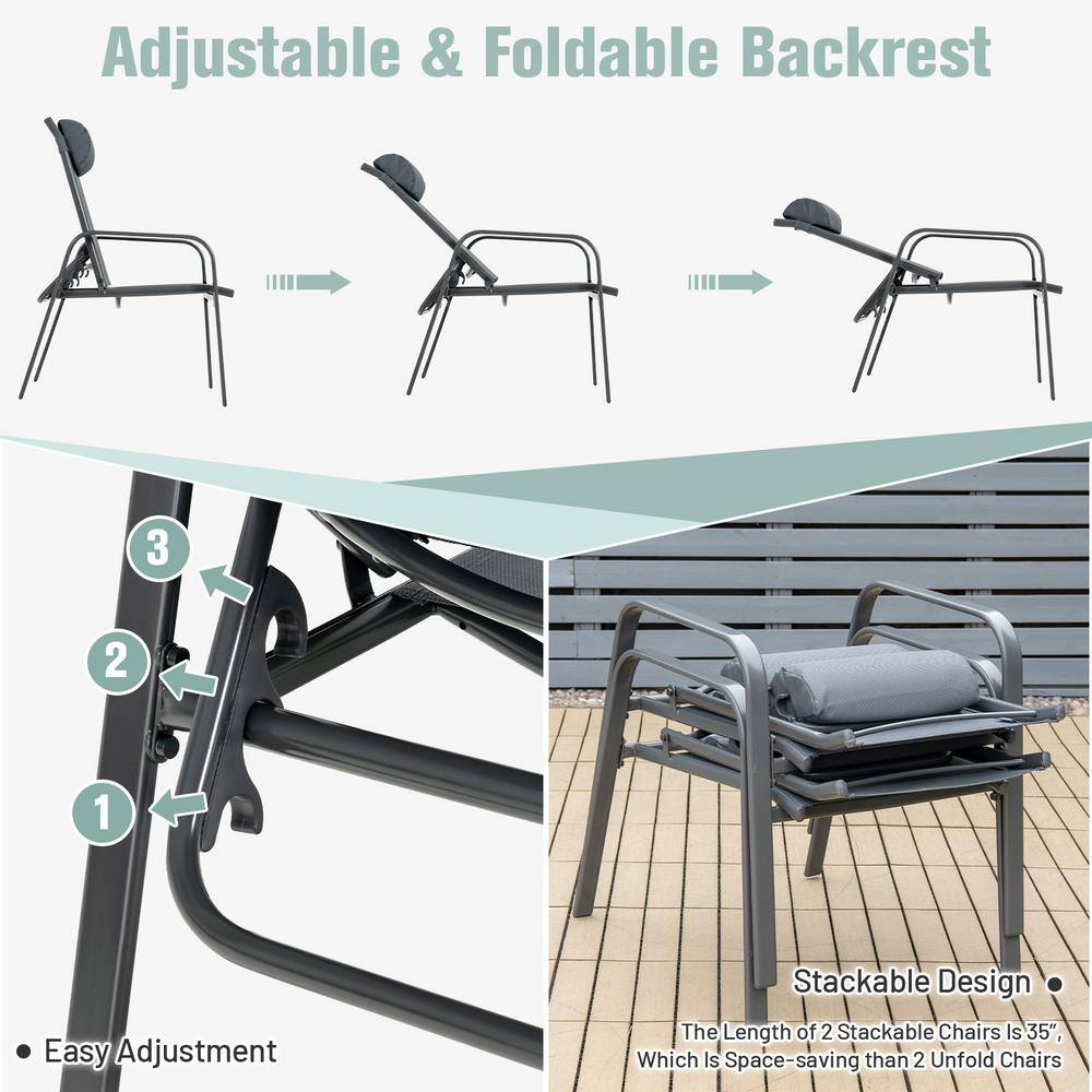 HONEY JOY 3-Pieces Grey Patio Adjustable Back Stackable Chairs Side Table Set Outdoor Bistro Set Classic Furniture Set