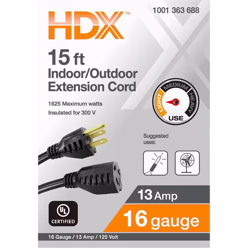 HDX 15 ft. 16/3 Light Duty Indoor/Outdoor Extension Cord, Black