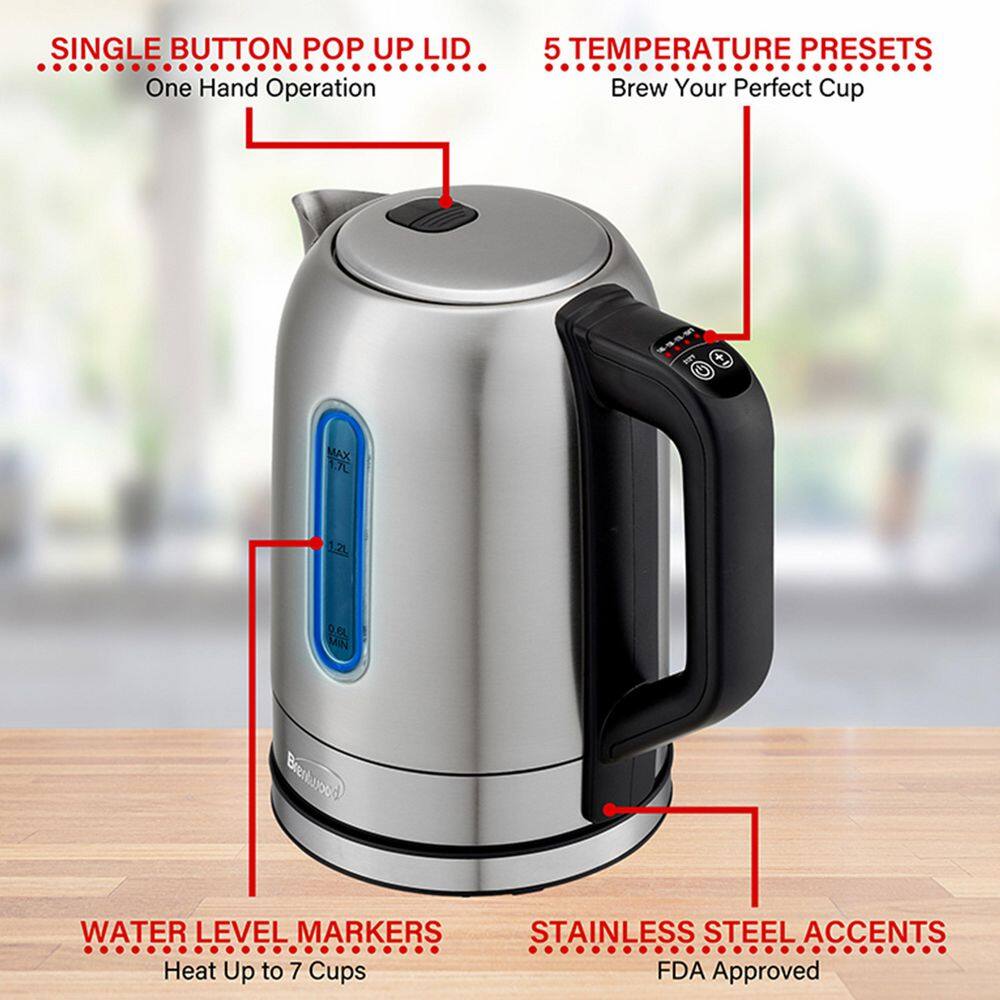 Brentwood 1500-Watt Silver Stainless Steel 1.7 L 7-Cups Electric Kettle with 5 Temperature Presets