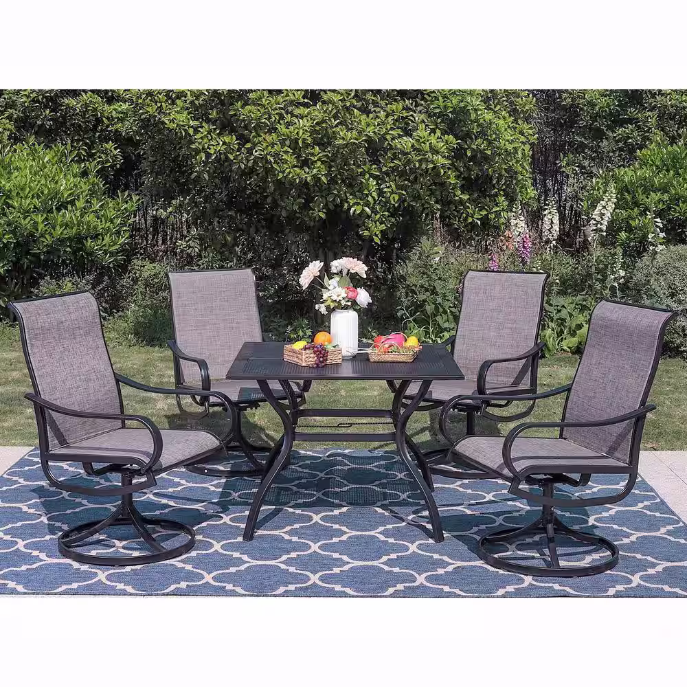None Black 5-Piece Metal Square Patio Outdoor Dining Set with Table and Textilene Swivel Chairs