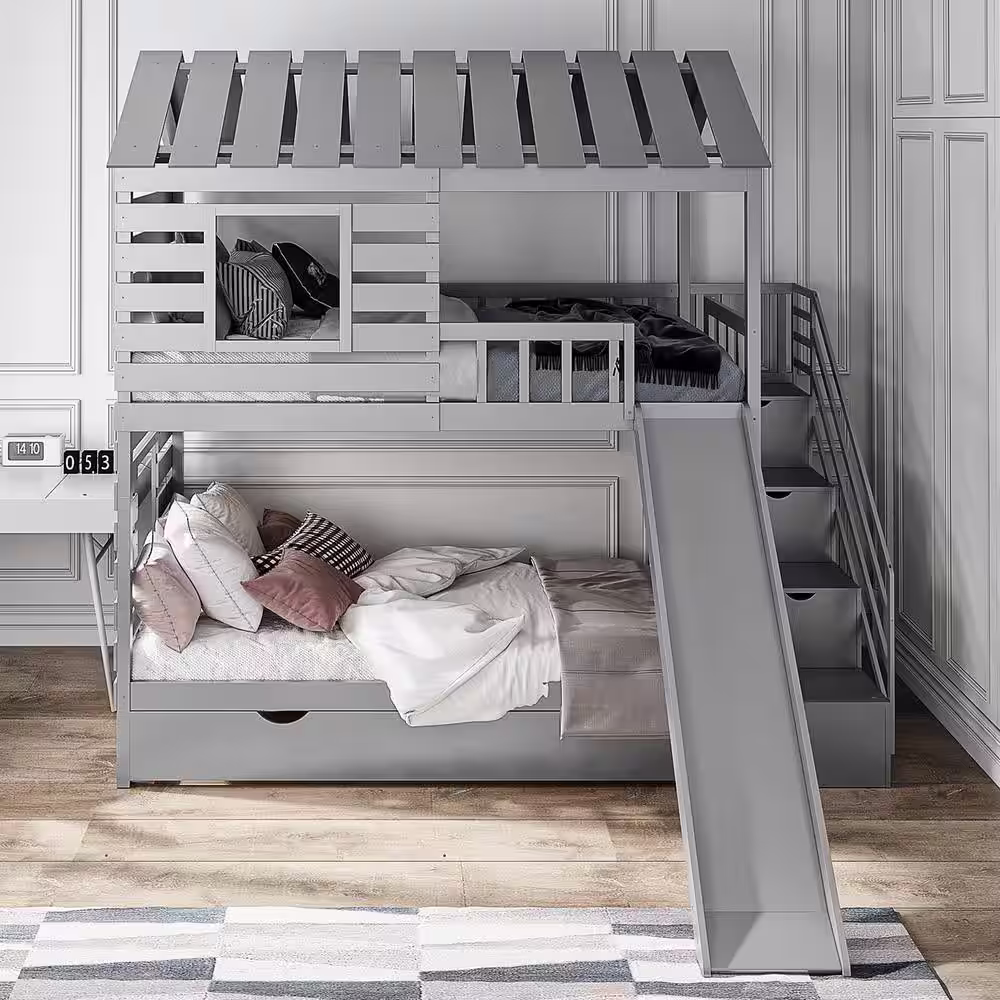 Qualler Gray Twin Over Twin House Bunk Bed With Trundle and Slide