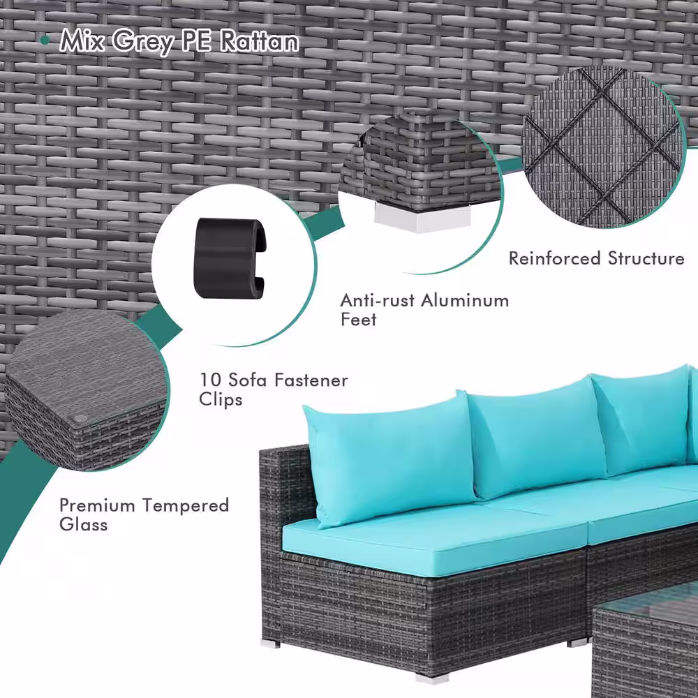 Costway 7-Piece Patio Rattan Furniture Set Sectional Sofa Cushioned Turquoise