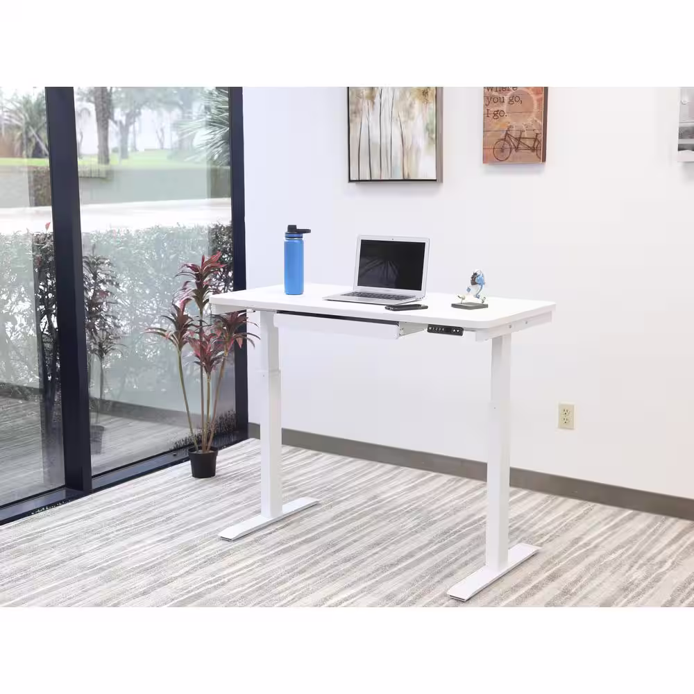 Motionwise 48 in. Rectangular White 1 Drawer Standing Desk with Adjustable Height Feature