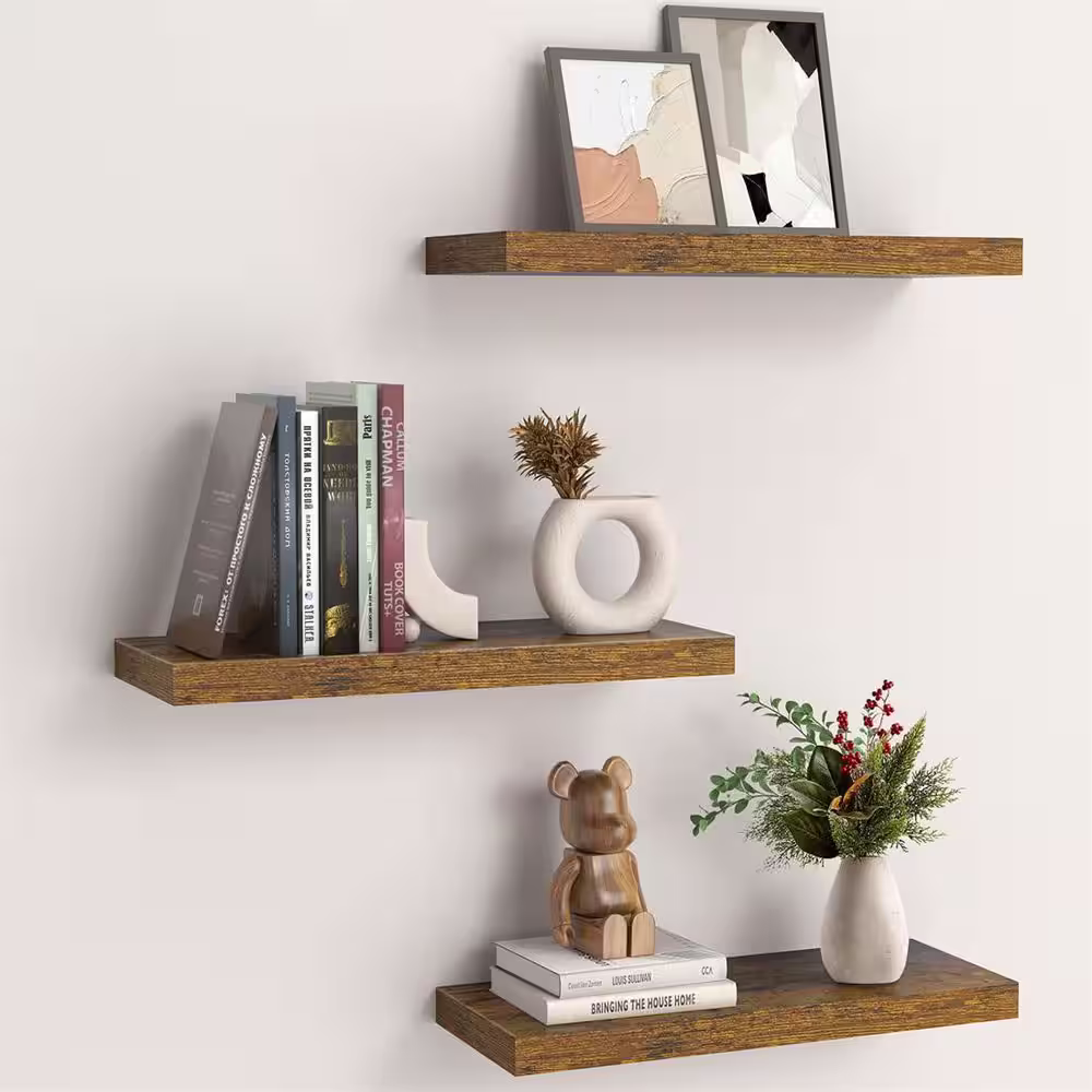 None 6.7 in. x 15 in. x 1.4 in. Rustic Brown Wood Floating Decorative Wall Shelves