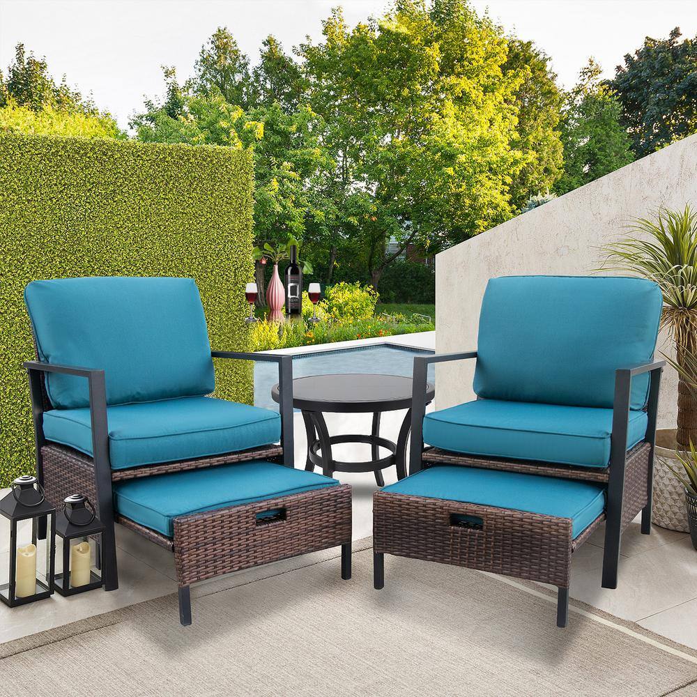 None Blue 5-Piece Wicker Luxury Outdoor Bistro Set with Cushions, Ottoman, Comfortable Lounge Chair, Glass Top Side Table