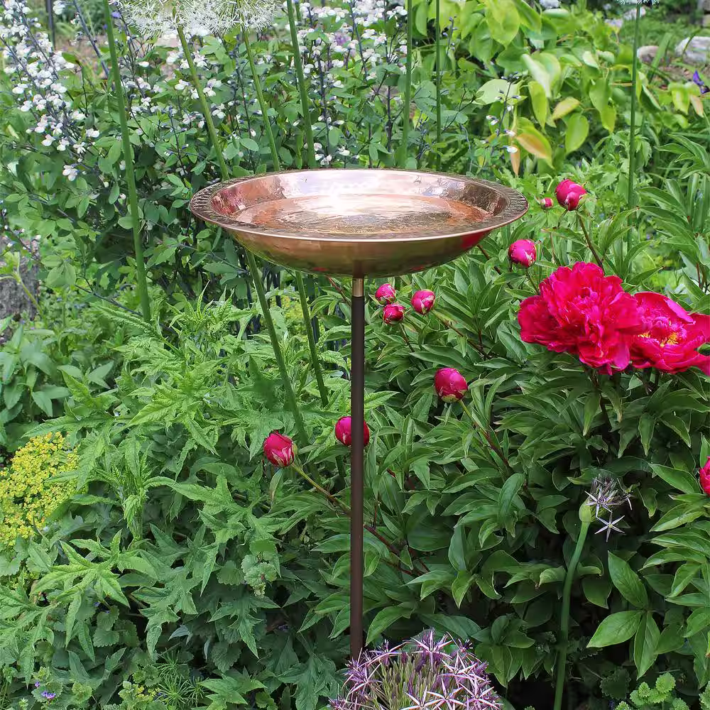 Achla Designs 12.5 in. Dia Polished Copper Plated Hammered Copper Birdbath Bowl with Stake
