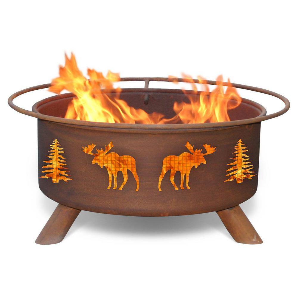 None Moose and Trees 29 in. x 18 in. Round Steel Wood Burning Fire Pit in Rust with Grill Poker Spark Screen and Cover