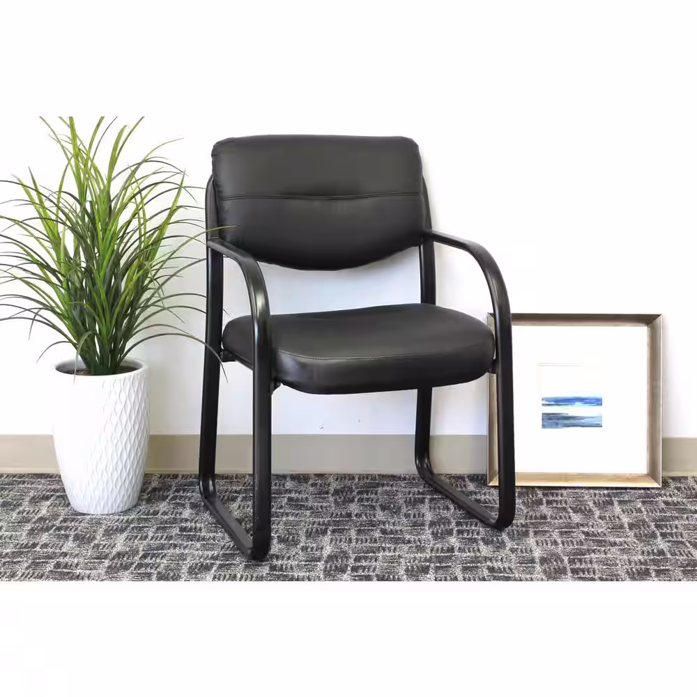 BOSS Office Products Black Leather Guest Chair with Arms, Black Steel Frame