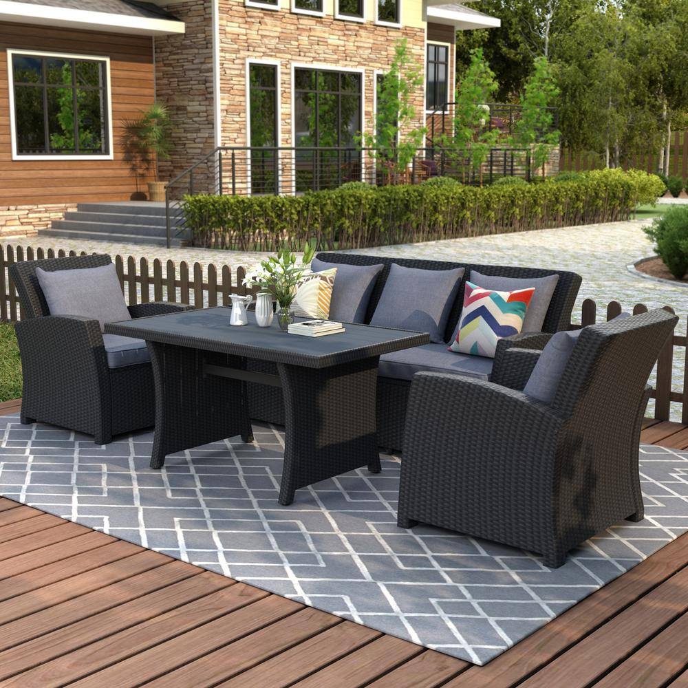 None Black 4-Piece Wicker Patio Conversation Set with Dark Gray Cushions and 2 Arm Chairs