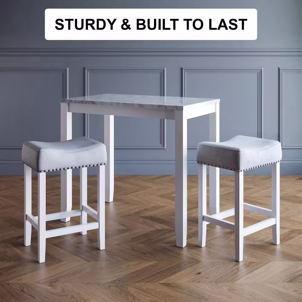 Nathan James Viktor Three-Piece Dining Set Kitchen Pub Table Marble Top White Wood Base Light Gray Fabric Seat