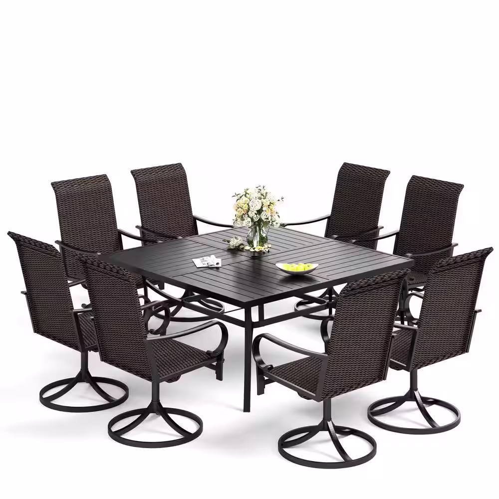 None 9-Piece Metal Outdoor Dining Set with Square Table and Curved Armrest High-Back Rattan Swivel Chairs