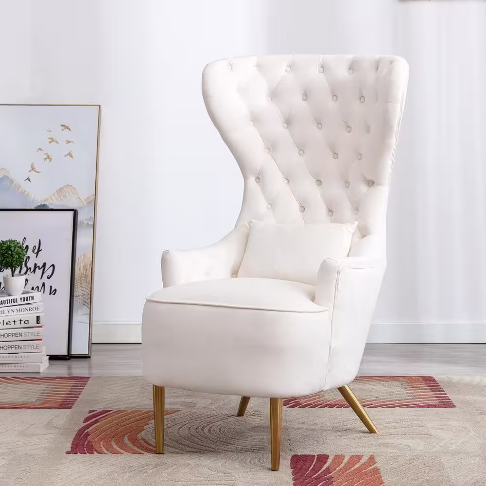 KINWELL Cream Upholstered Tufted Velvet High Wingback Chair