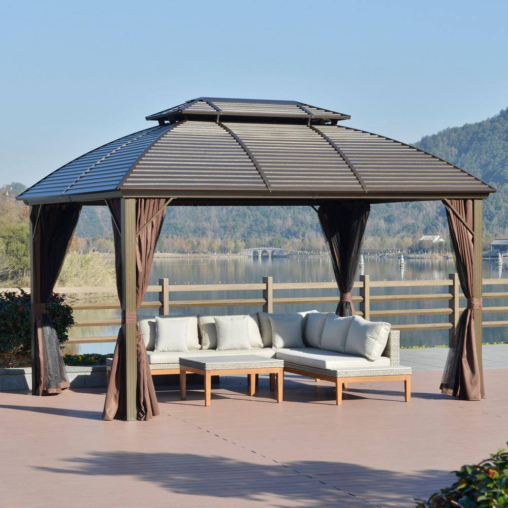 Outsunny 12 ft. x 10 ft. Hardtop Steel Gazebo Canopy for Patio Heavy-Duty Outdoor Pavilion with Net Sidewalls, Brown
