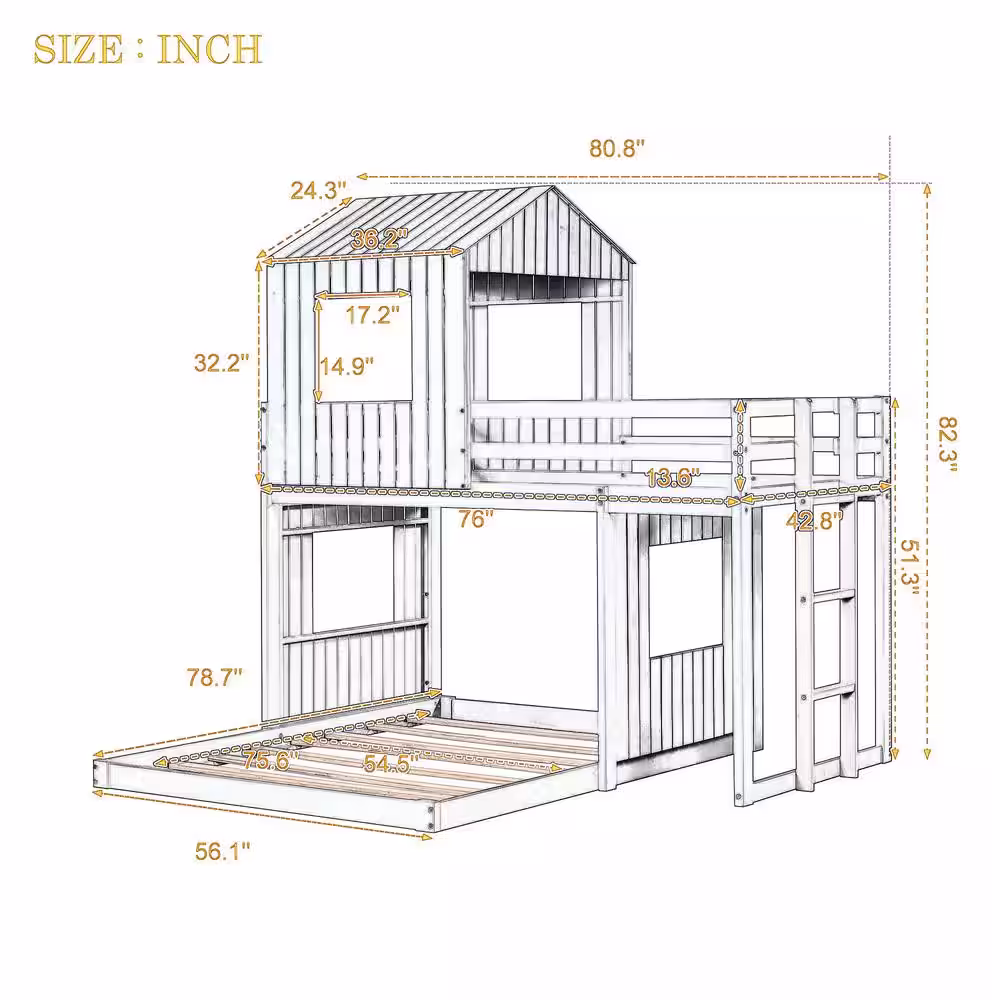 Harper & Bright Designs White Twin Over Full Wooden Playhouse Bunk Bed with Ladder and Guardrails