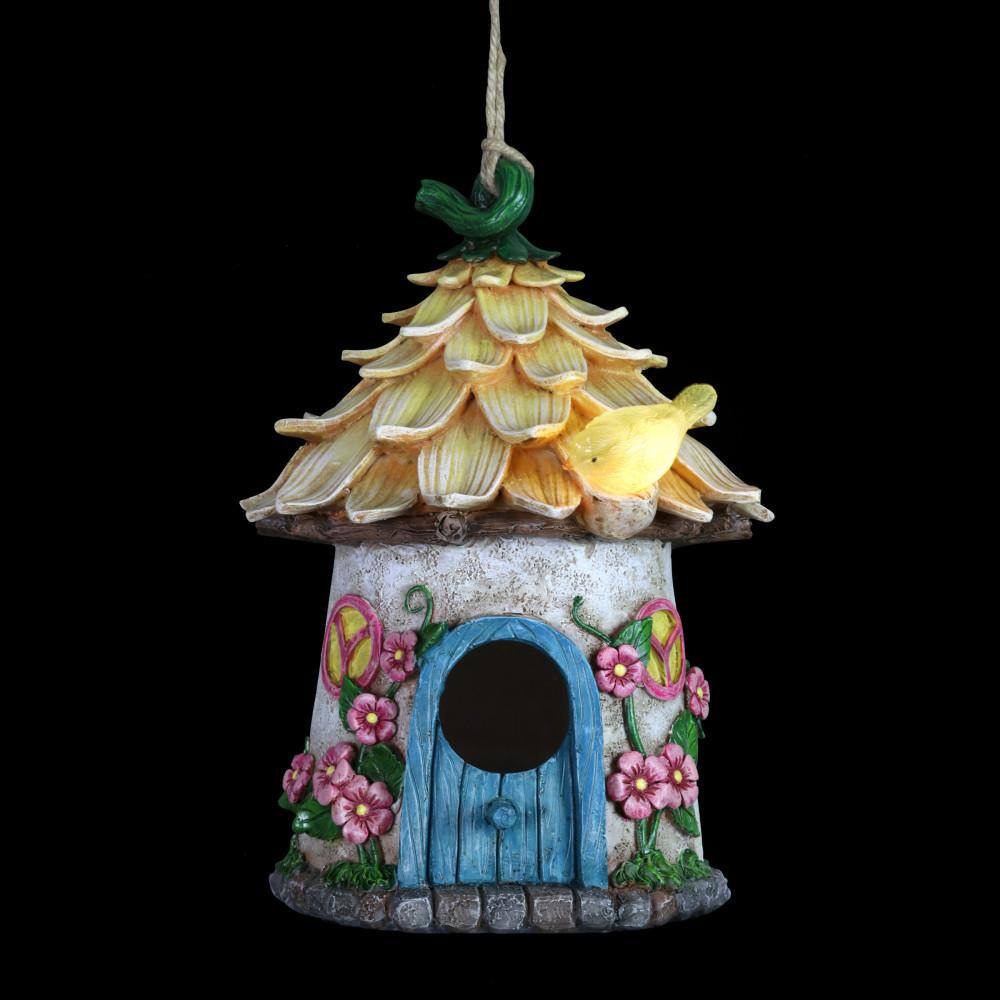 Exhart 6.5 in. x 9 in. Resin Solar Hand Painted Hanging Fairy House with Illuminating Bird Birdhouse