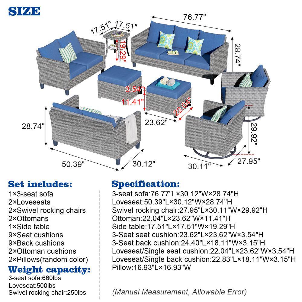 OVIOS New Star Gray 8-Piece Wicker Patio Conversation Seating Set with Blue Cushions and Swivel Chairs
