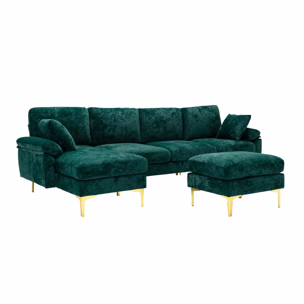 None 114 in. W 2-Arms 4-Piece L Shaped Fabric Modern Sectional Sofa in Emerald Green with Removable Ottoman