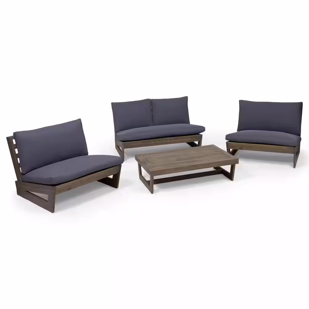 Noble House Sherwood Grey 4-Piece Wood Patio Conversation Set with Dark Grey Cushions