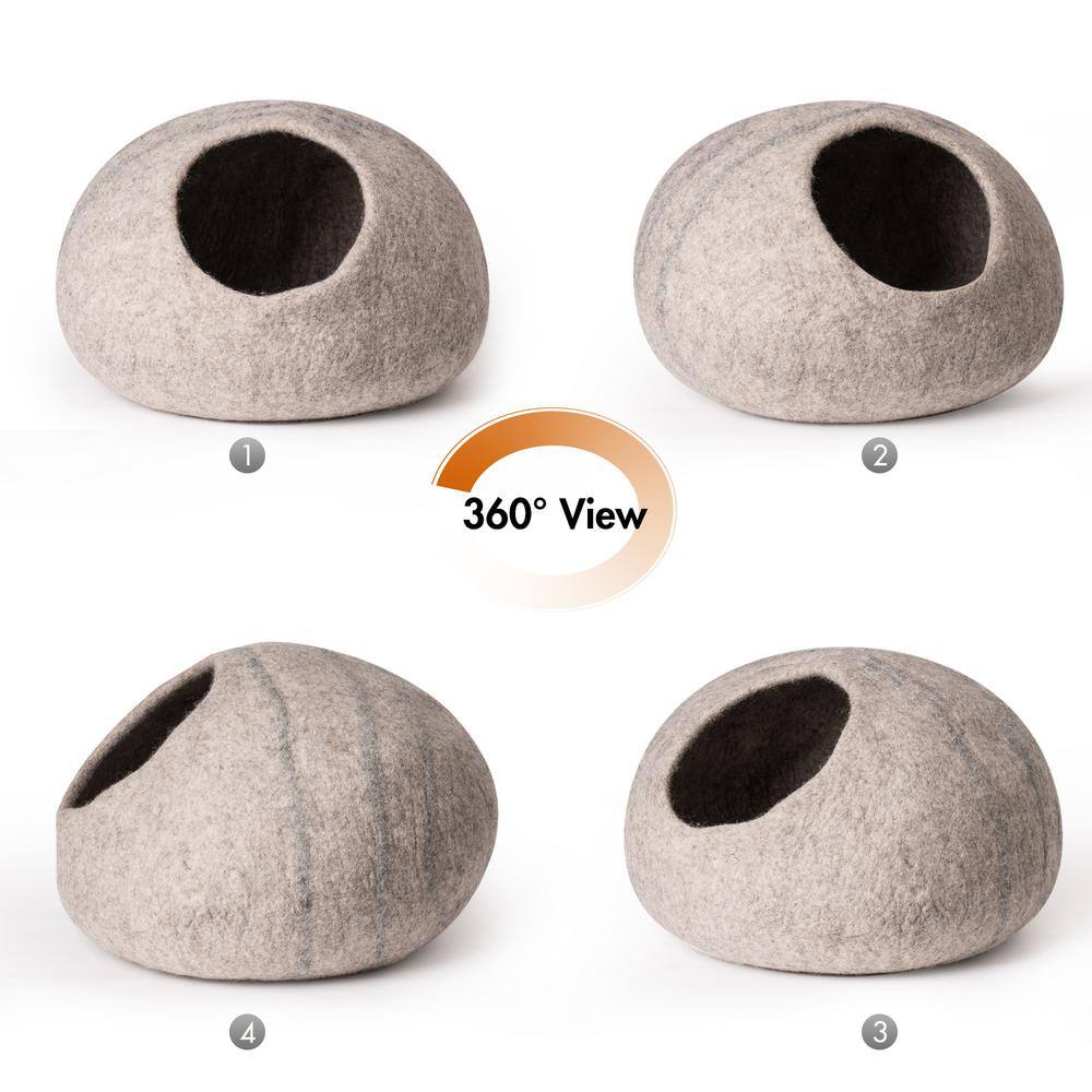 None Beige Wool Cat Cave Bed -Handmade Wool Cat Bed Cave with Mouse Toy