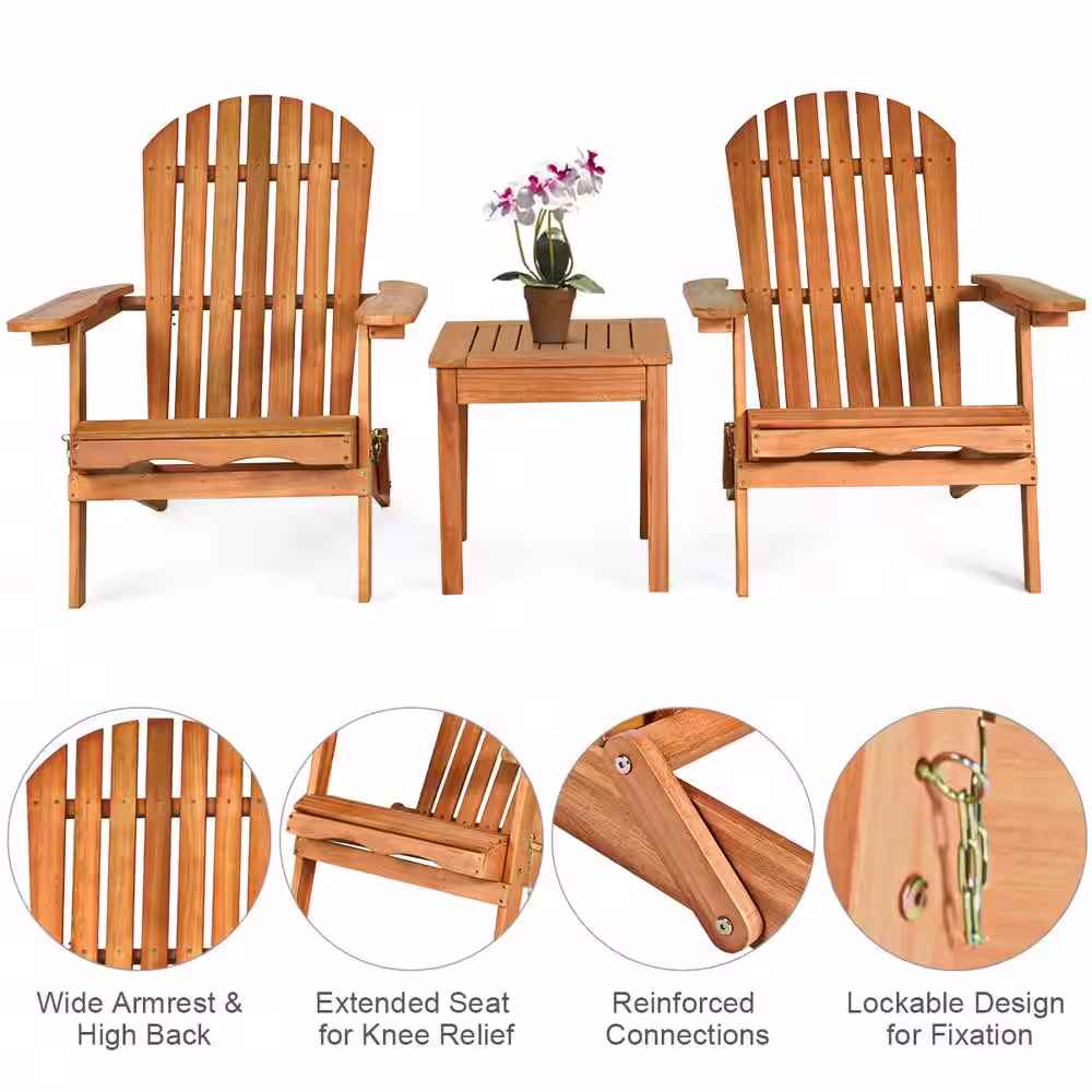 Costway 3 Piece Wooden Adirondack Patio Conversation Chair Table Set Folding Seat Furniture Garden