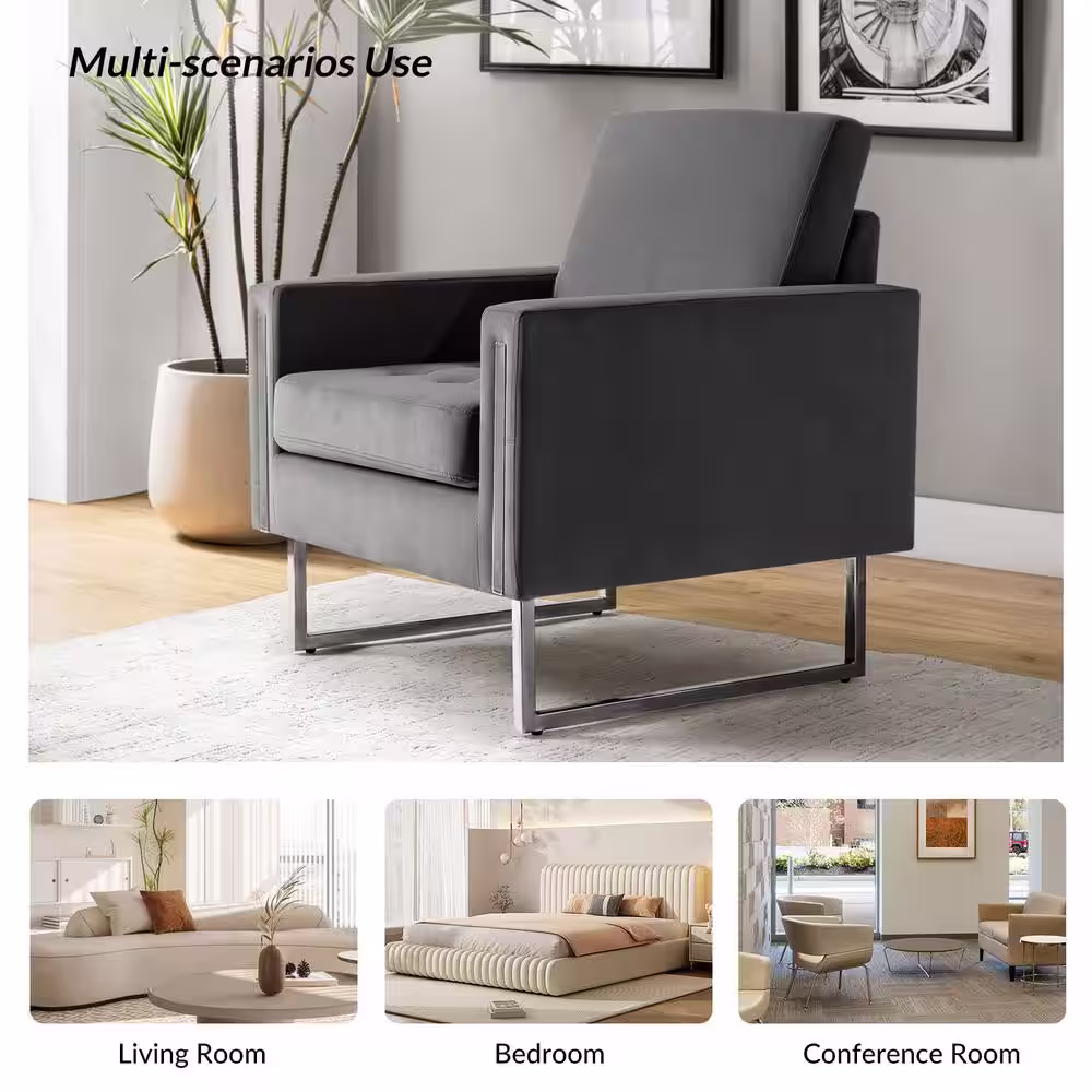 JAYDEN CREATION Dardanus Modern Grey Velvet Club Chair with Embedded Metal Armrests Set of 2