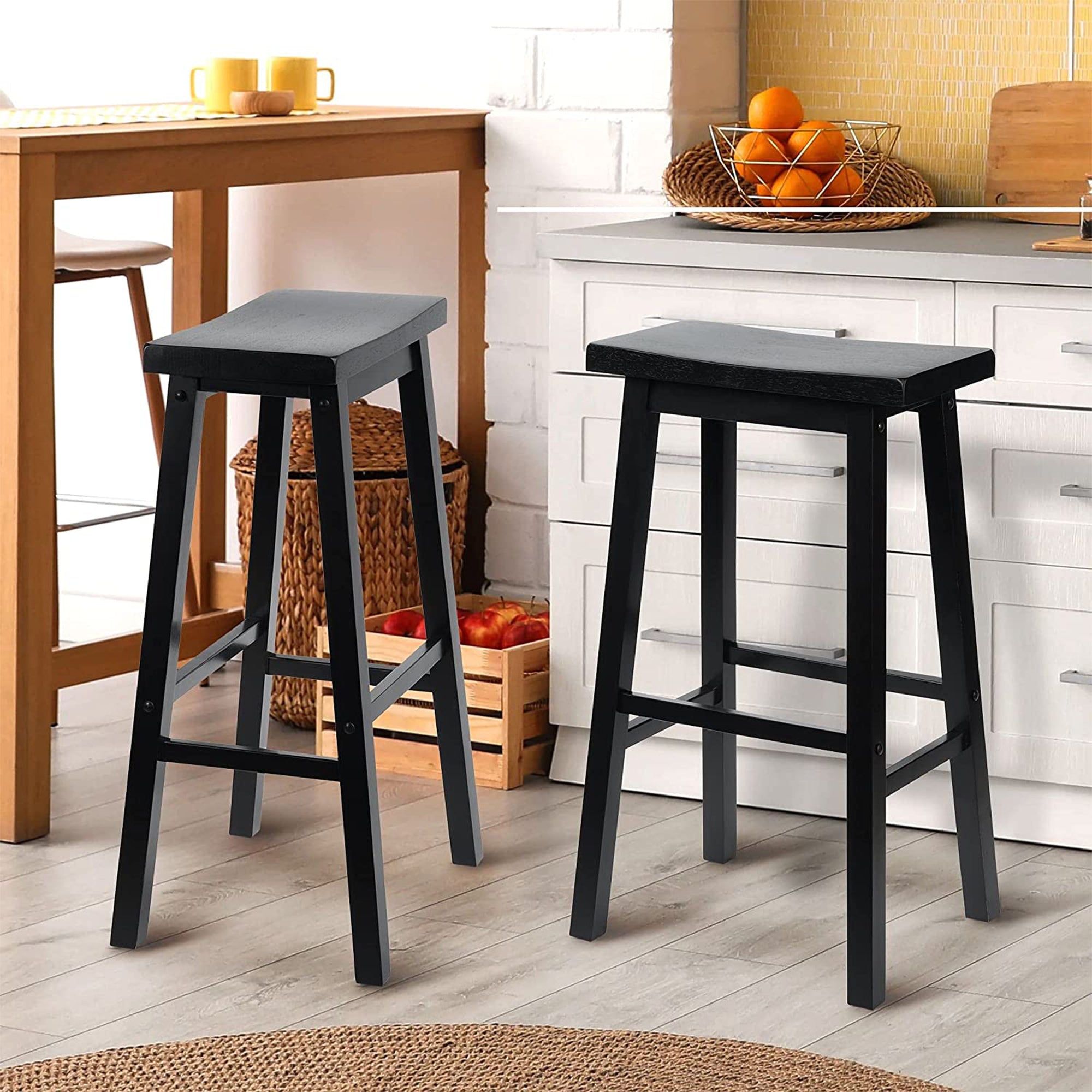PJ Wood Classic Saddle-Seat 29In Kitchen Counter Stools, Black, Set of 2