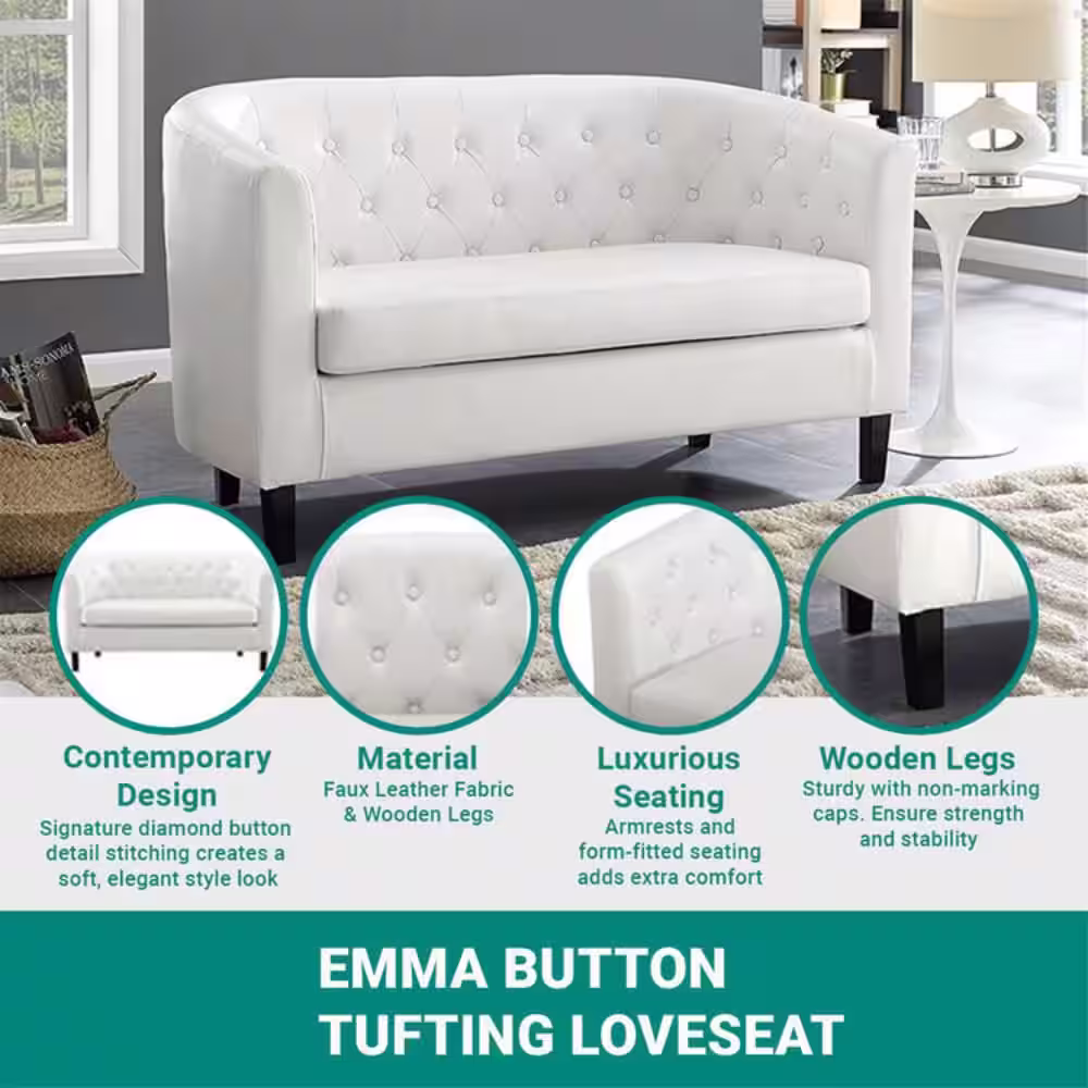 HOMESTOCK White Love Seat, Button Tufted Faux Leather Barrel Loveseat, Midcentury Modern 2-Seater Couch, Small Loveseat