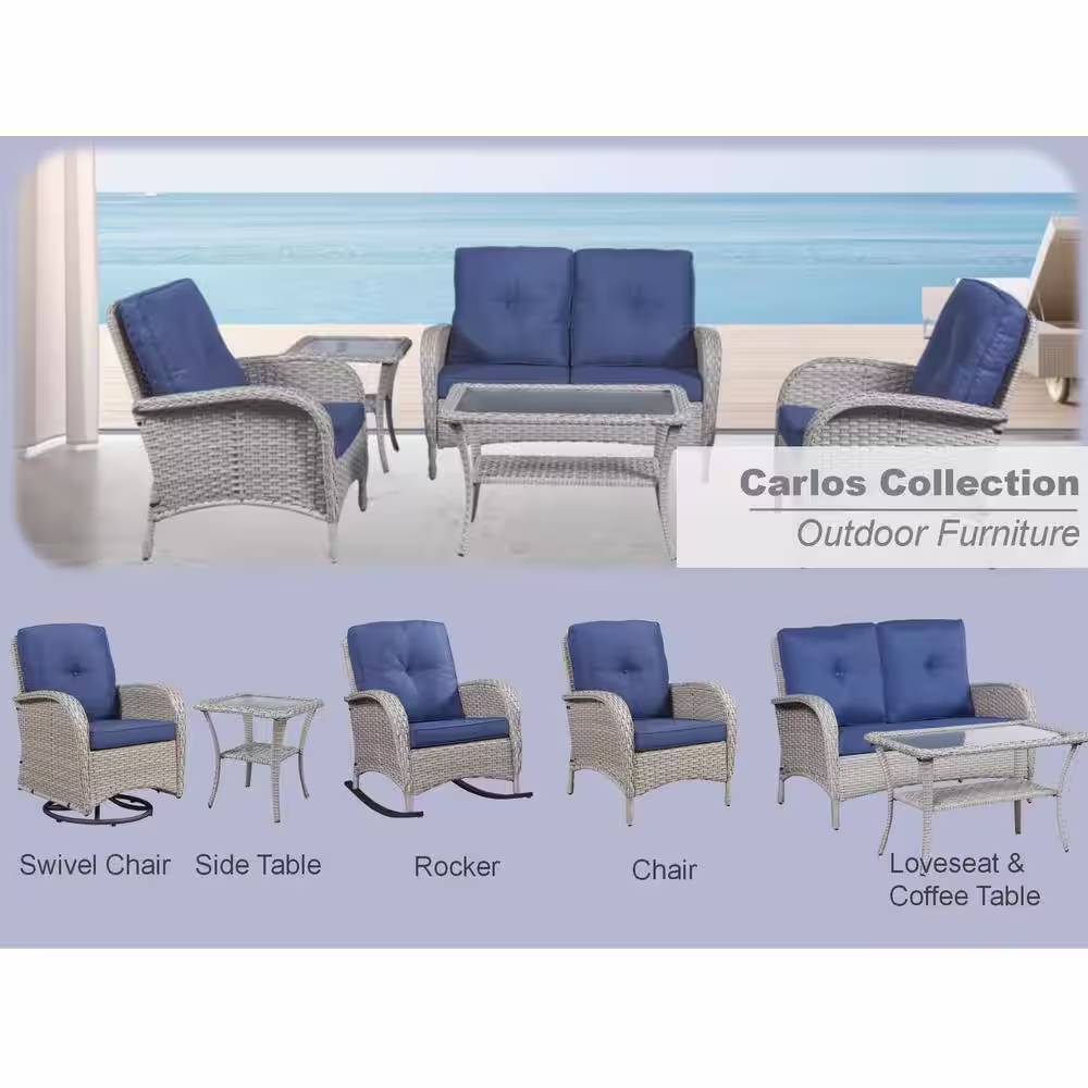Gymojoy Carlos Grey 3-Piece Wicker Patio Conversation Set with Blue Cushions