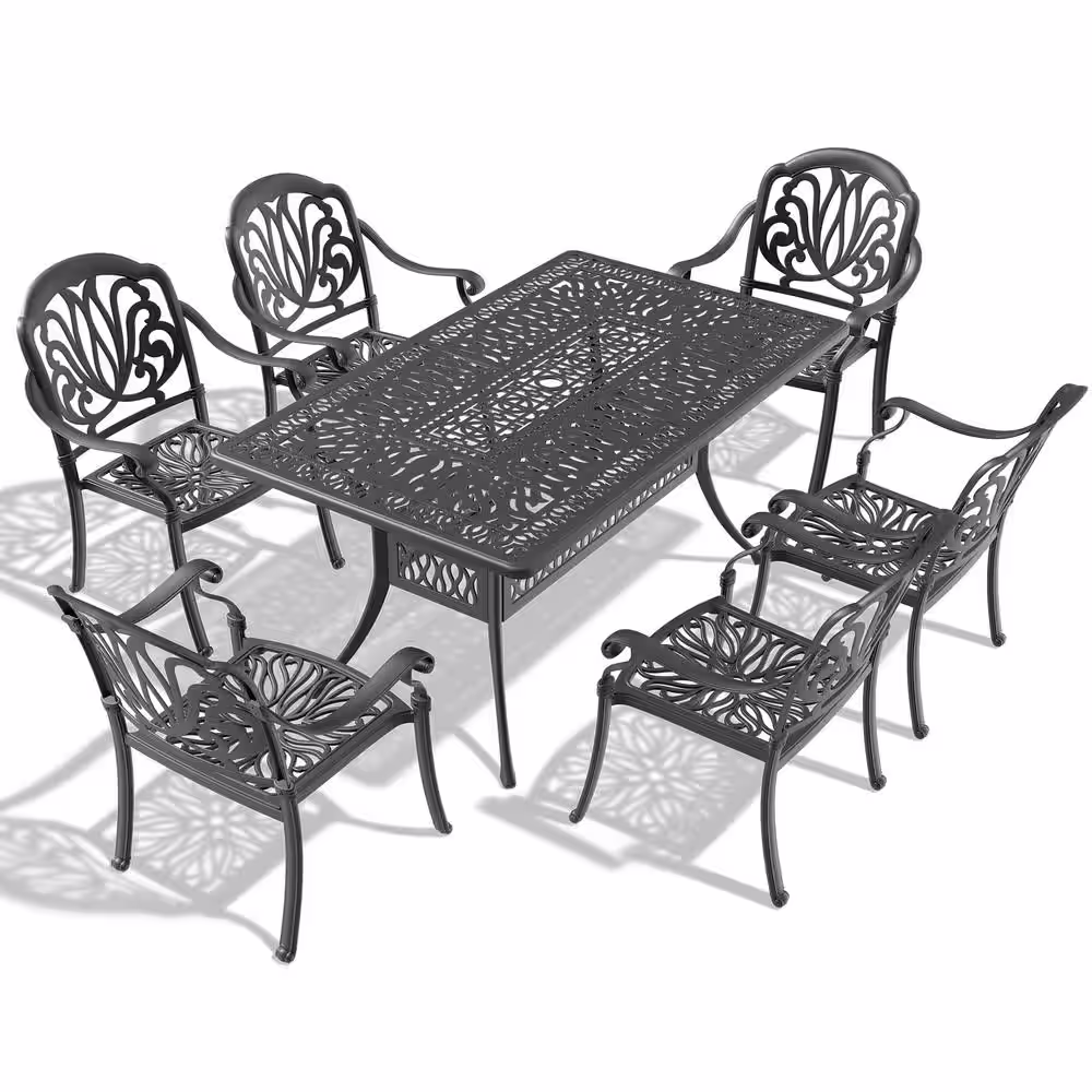 None 7-Piece Cast Aluminum Outdoor Bistro Set Patio Table Set with Random Colors Cushion and Umbrella Hole in Black