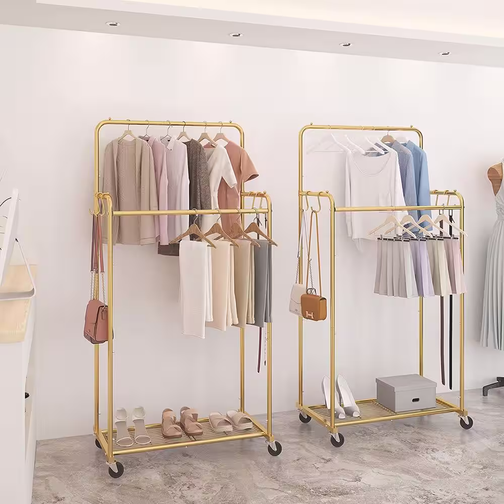 None Gold Metal Garment Clothes Rack With Double Rod 29 in. W x 60 in. H