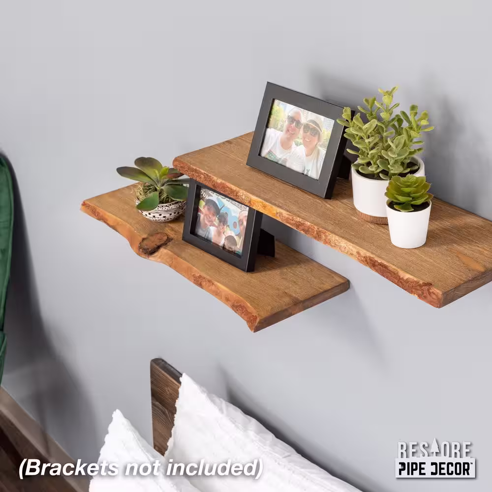 PIPE DECOR 24 in. x 8 in. x 1 in. Trail Brown Solid Pine Live Edge Wall Shelf (Set of 2)