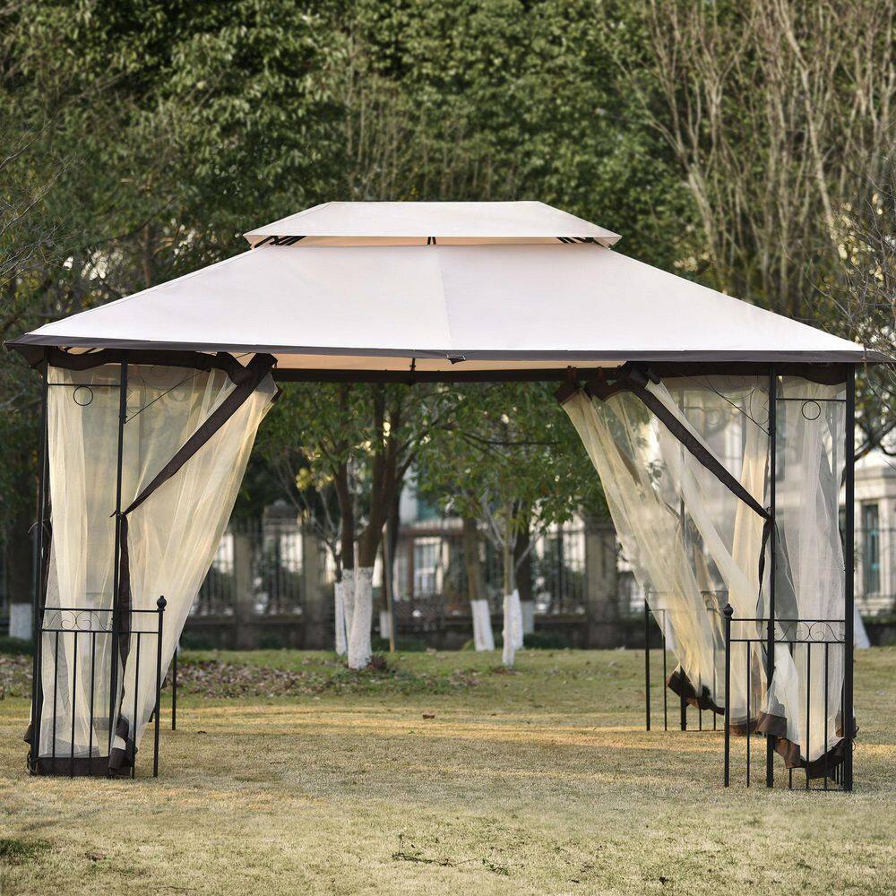 None 13 ft. x 9.7 ft. Iron Patio Outdoor Gazebo Double Roof Soft Canopy Garden Backyard Gazebo with Mosquito Netting in Khaki