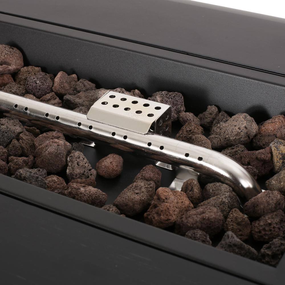 Noble House Jesse Dark Grey/Wood Grain Metal Rectangular Stone Fire Pit (No Tank Holder)