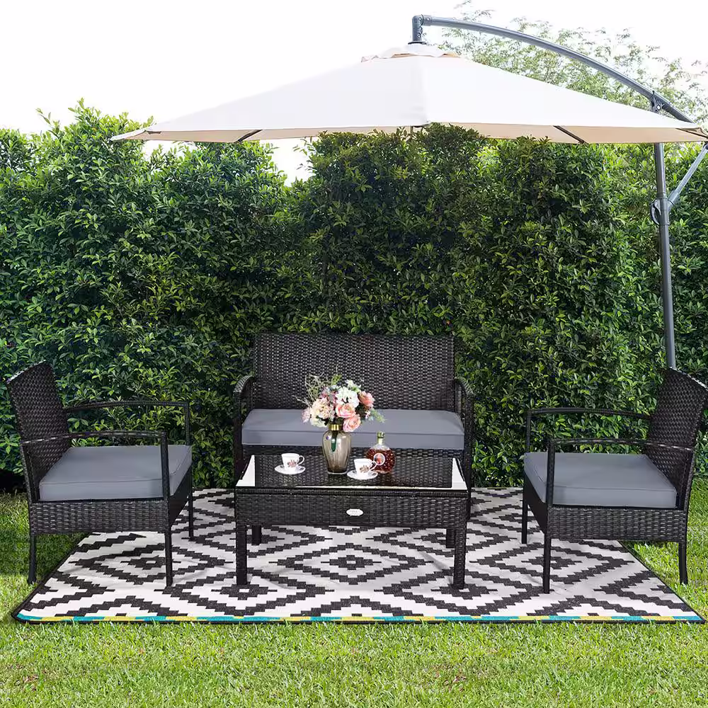 Costway 4-Piece Wicker Patio Conversation Set with Gray Cushions