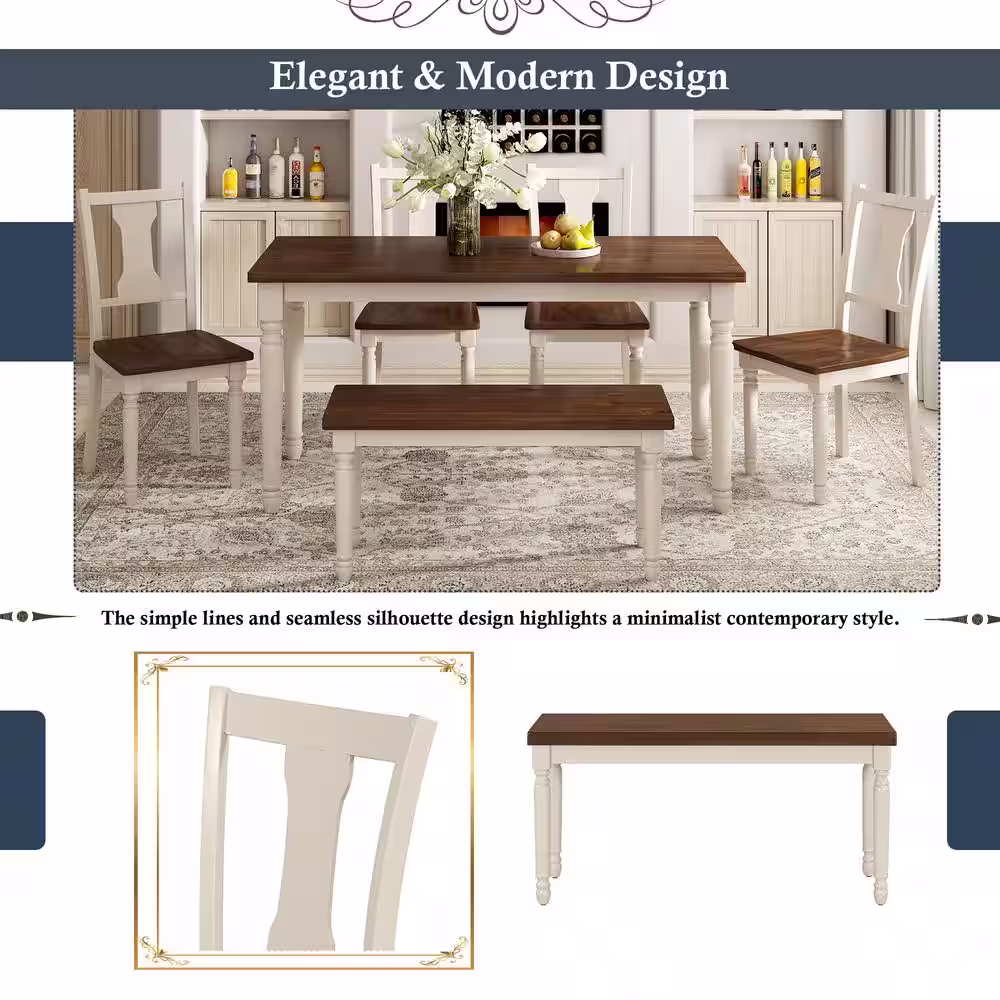 Qualler Brown 6-Piece Wood Top Dining Table with 4 Chairs and Bench