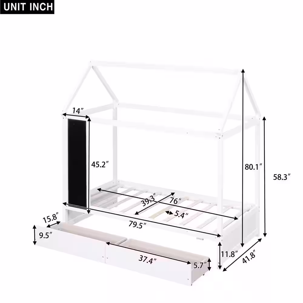 Harper & Bright Designs White Twin Size Wood House Bed with 2-Drawers and Blackboard