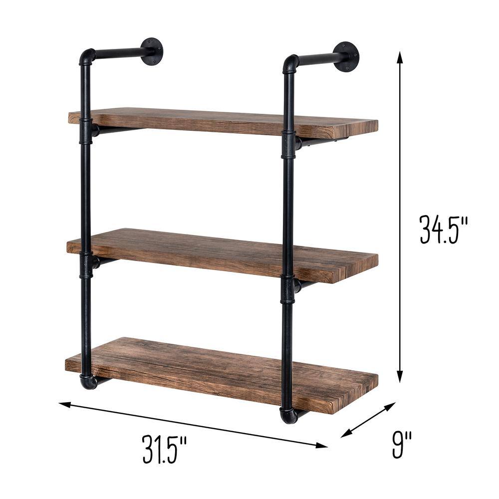 Honey-Can-Do 9 in. x 31.5 in. x 35.4 in. Black Steel and Wood 3-Tier Industrial Wall Shelf