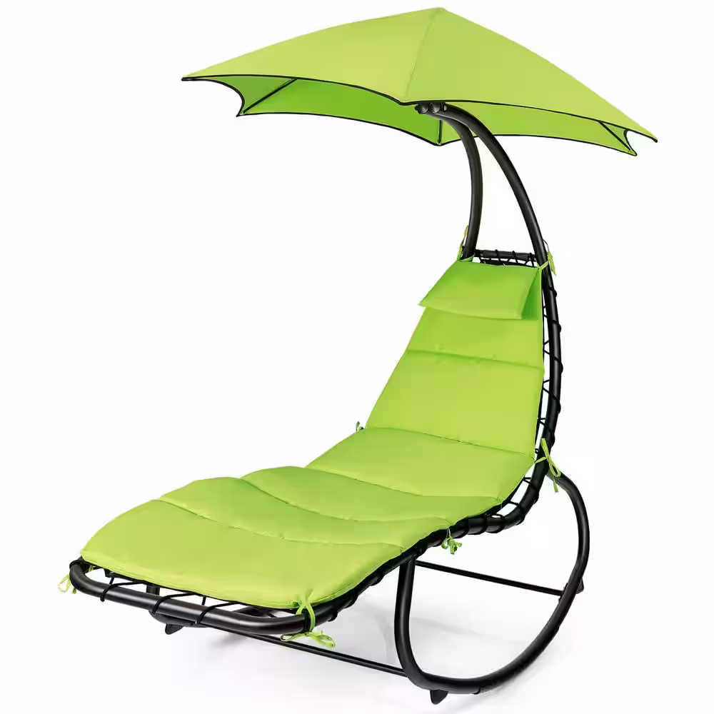 SUNRINX 6 ft. Free Standing Patio Hammock Chair Floating Hanging Chaise Lounge Chair with Green Canopy and Built-in Pillow